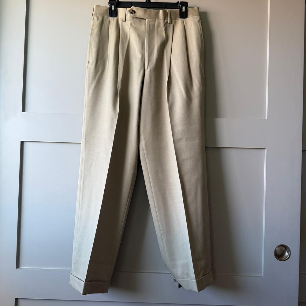 Men's Dress Pants in Beige - Classic Pleated Trousers